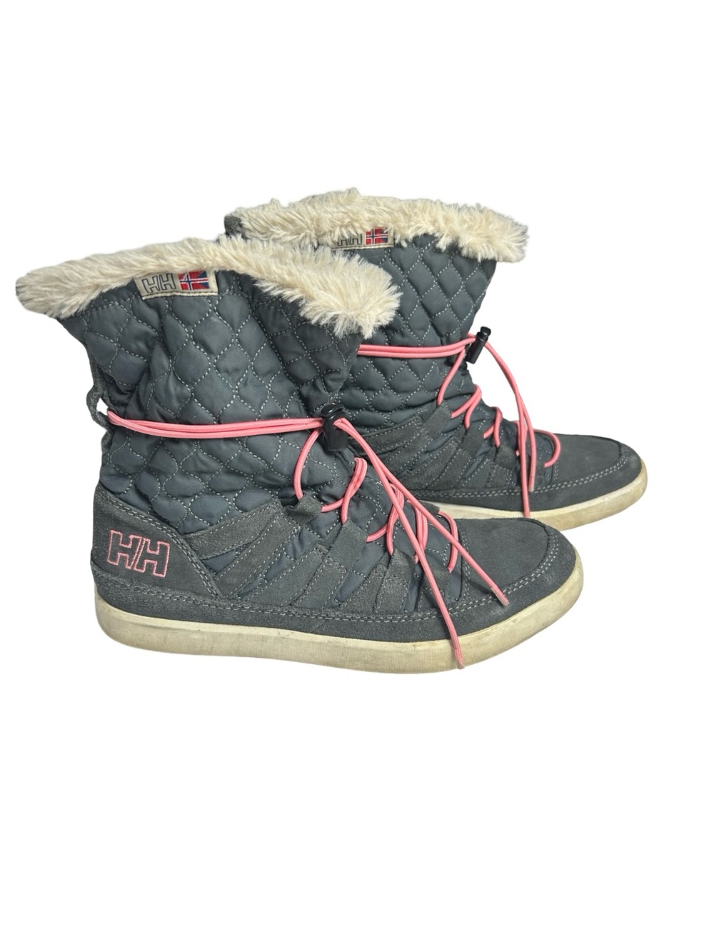 Helly Hansen Harriet Quilted Winter Snow Boots Grey Pink Faux Fur Trim Size 7